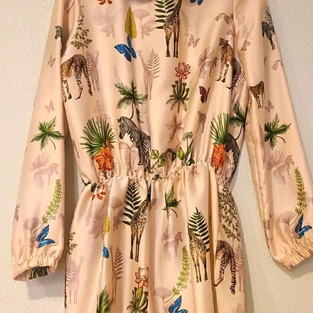 Berna Safari Printed Floral Animals Silk Romper Jumpsuit L - Picture 3 of 11